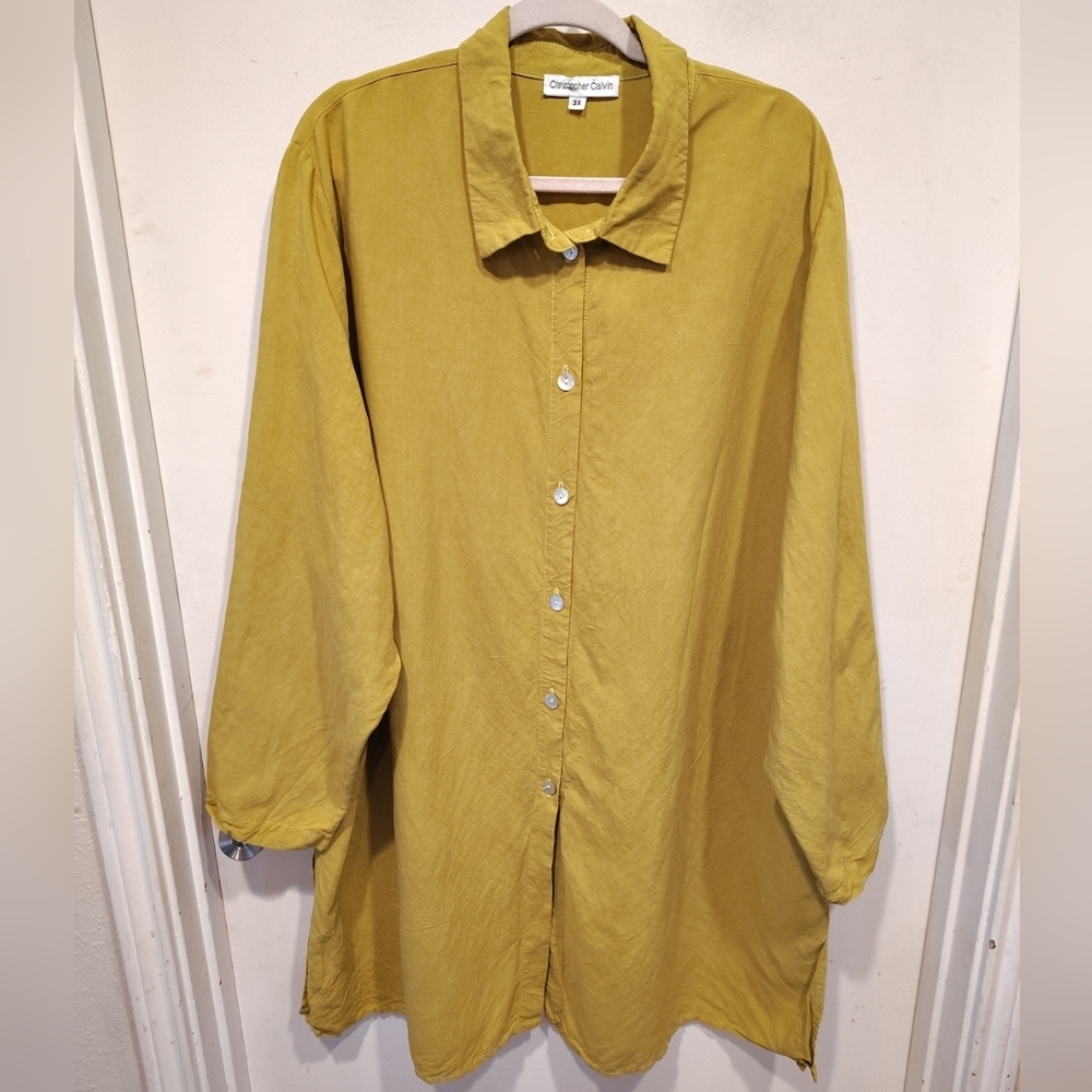 Christopher Calvin Chartreuse Longline Button Down Linen Tunic Top 3X Lagenlook